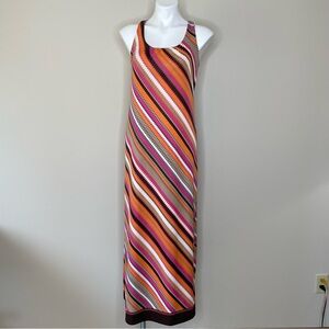 Emma & Michele Vibrant Orange and Pink Bias Striped Sleeveless Maxi Dress